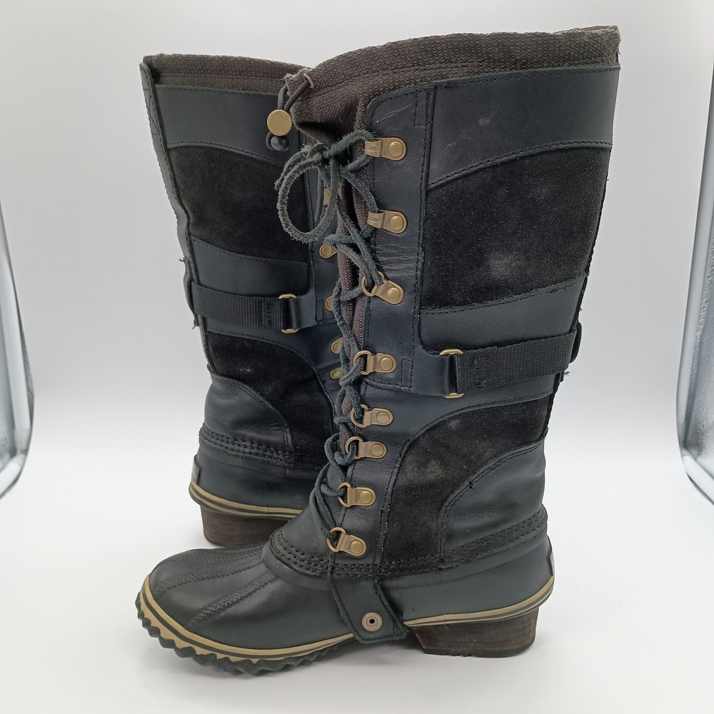 Sorel Conquest Carly Black Leather Rubber Tall Boots Womens 6.5 Rain Winter - Picture 7 of 14